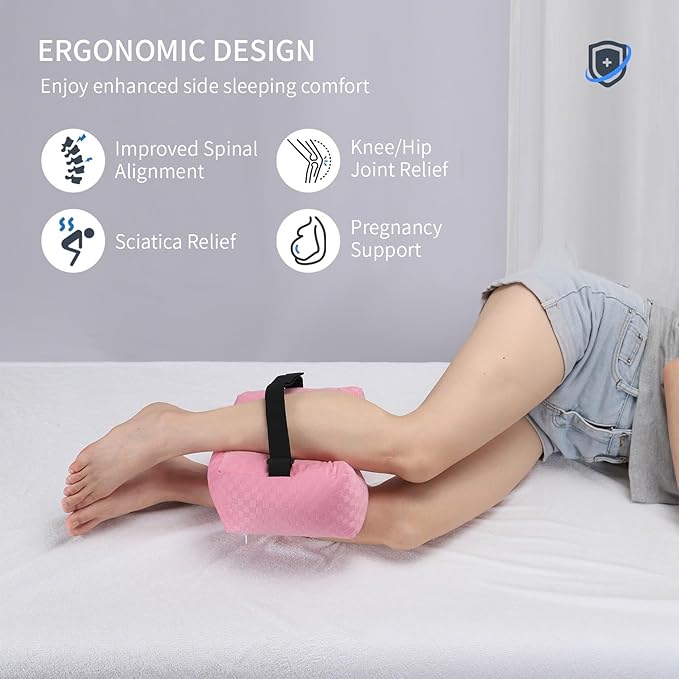 Knee Pillow for Side Sleepers - Leg Support Pillow for Sciatica Relief, Hip and Back Pain Alleviation, Spine Alignment with Adjustable Strap (Pink-Checker)