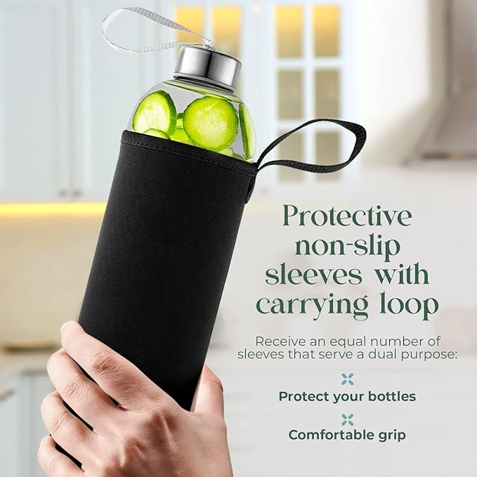 24oz Glass Water Bottles – Pack of 12 - Nylon Protective Sleeves, Airtight Screw Top Lids, Portable Carrying Loops - Lead, PVC and BPA Free - Water, Smoothie, Juicer, and Beverage Glasses