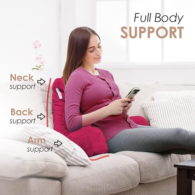 Nestl Reading Pillow Standard Bed Pillow, Back Pillow for Sitting in Bed Shredded Memory Foam Chair Pillow, Reading & Bed Rest Pillows Hot Pink Back Pillow for Bed, Bed Chair Arm Pillow with Pockets