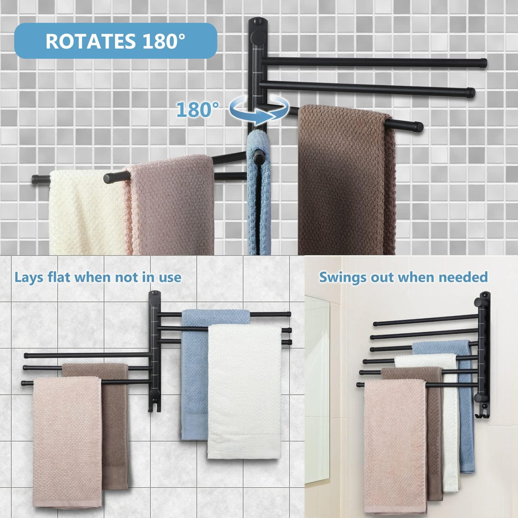 Space Saving Towel Rack JSVER Black Space Saving Towel Holder, Towel Rack Wall Mounted, Swivel Hand Towel Holder, 6-Arms Towel Bar, Towel Racks for Bathroom