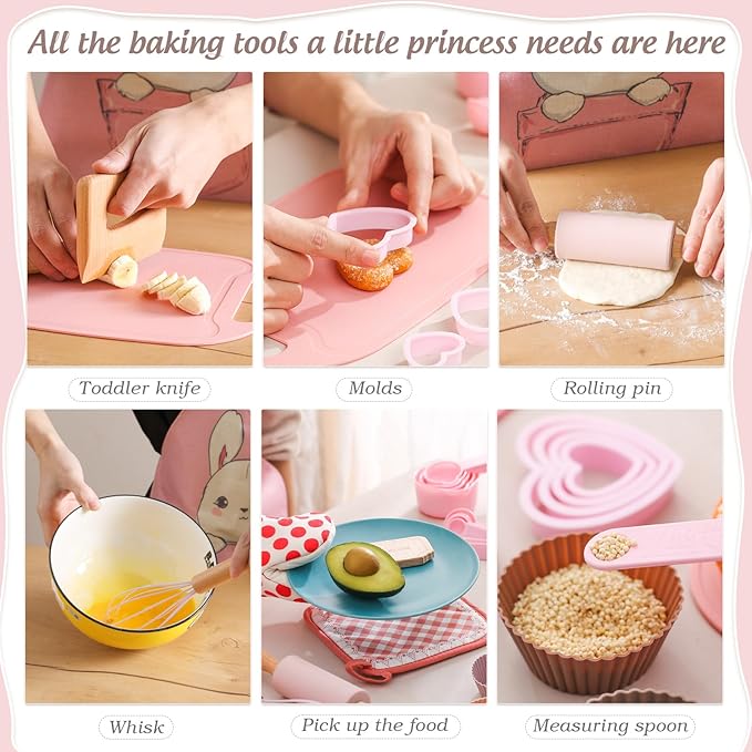 OESSUF Kids Baking Sets for Girls, Cooking Sets 38PCS Real Chef Easy Bake Toddler Montessori Kitchen Tools with Apron, Knife, Cutting Board, Little Girls Dress Up Gift