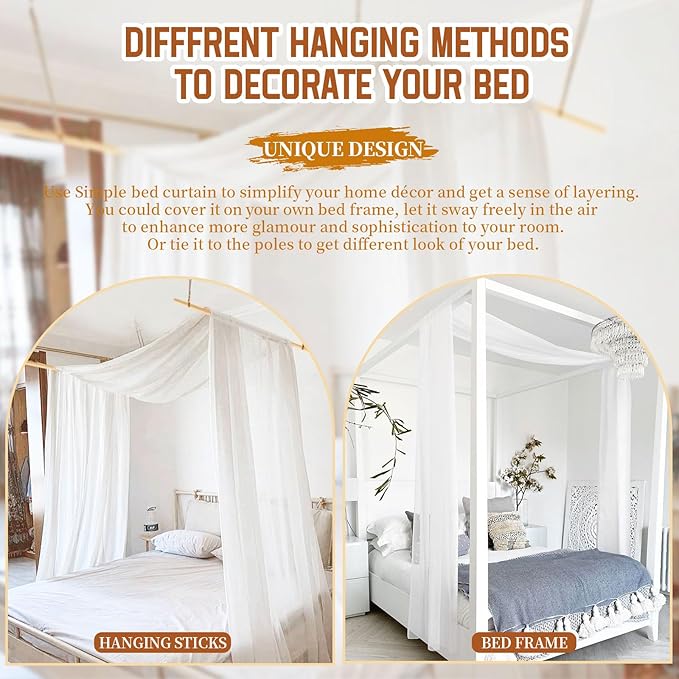 Showgeous 2 Panels Canopy Curtains White Canopy Bed Curtains 55" x 288" Bed Canopy Scarf for Full/Queen Bed Frame,Queen Canopy Bed Curtains,Sheer Bed Canopy Curtains Drapes Bed Tulle Canopy