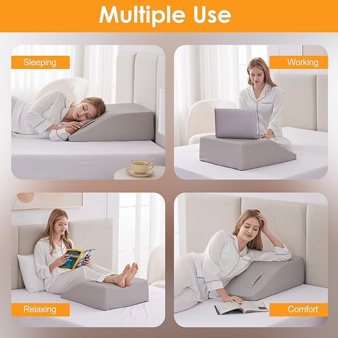 Leg Elevation Pillows for Sleeping, Memory Foam Wedge Pillow for Legs, Knee Wedge Pillow for After Surgery, Swelling, Back Pain and Circulation, Non-Slip Bottom, Removable Cover (8 Inch, Grey)