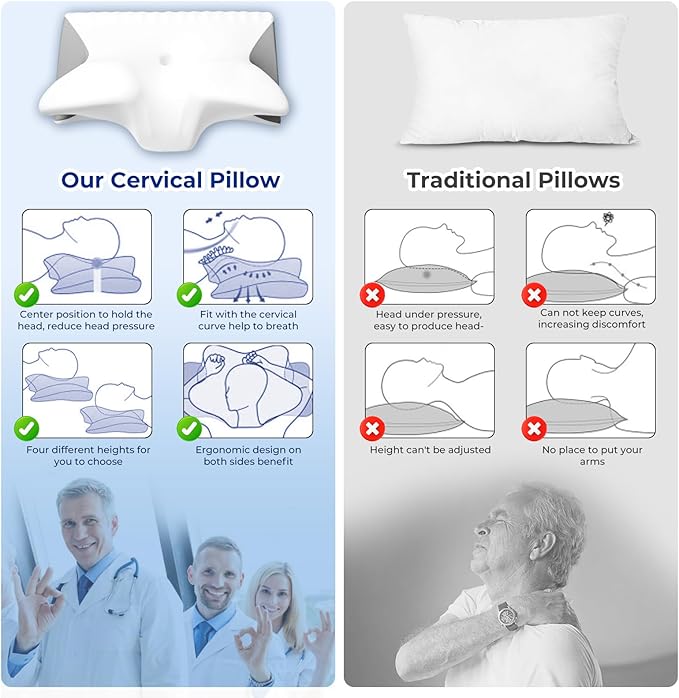 Cervical Pillow for Neck Pain Relief, Cooling Contour Memory Foam Pillows Support Odorless Ergonomic Neck Pillow Adjustable Orthopedic Bed Pillow for Side Back Stomach Sleeper with Pillowcase