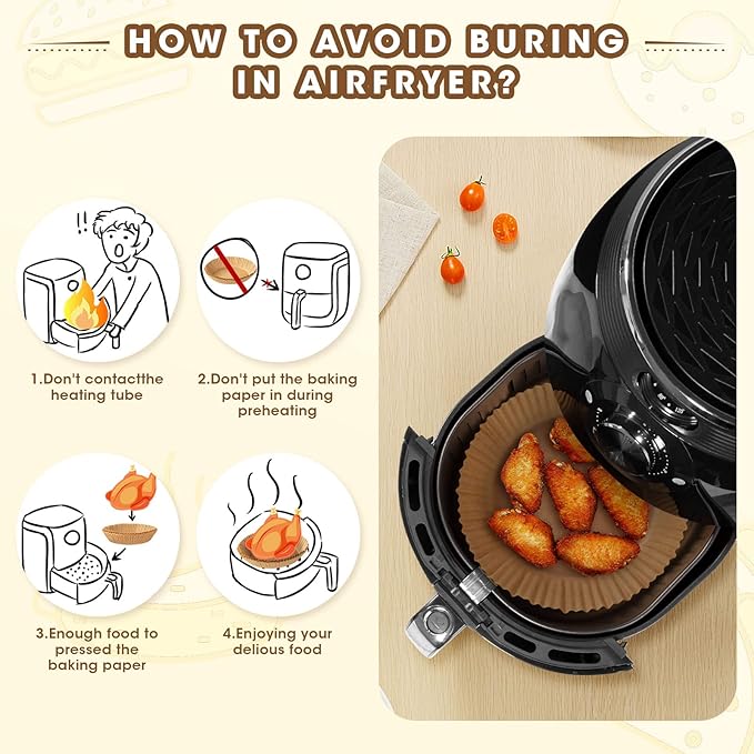 Air Fryer Disposable Paper Liners, 100 PCS Oil-proof, Water-proof, Non-stick Round Air Fryer Liners for Baking and Roasting