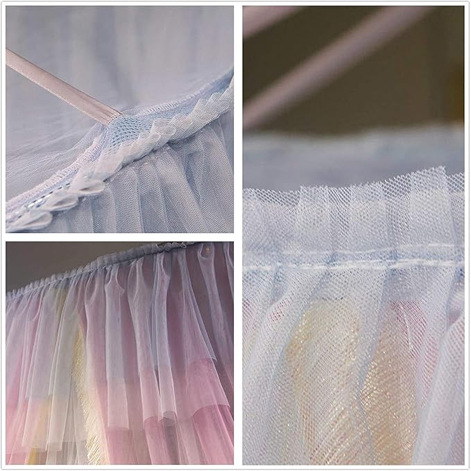 Canopy Frame for Bed with Mesh Netting - Queen Size Bed Canopy Steel Frame with Bed Curtains,Classic Flat Top Mesh Net Bedroom Decor(Stainless Steel Pipes and Accessories Included) (Pink Blue)