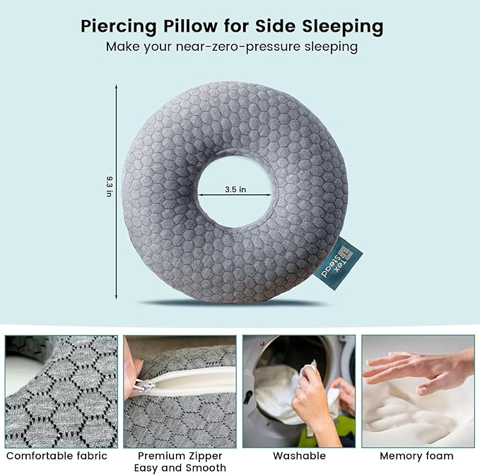 Ear Pillow with Ear Piercing for Side Sleeping, Ear Hole Memory Foam Pillows for CNH and Ear Pain Ear Inflammation Pressure Sores, Travel, Gray
