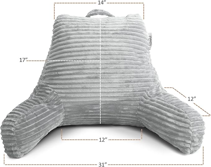 Nestl Reading Pillow with Portable Lap Desk Stand for Laptop 22x14”, Cut Plush Striped Back Pillow, Back Support Pillow, Shredded Memory Foam Bed Rest Pillow with Arms for Kids & Teen, Medium - Silver