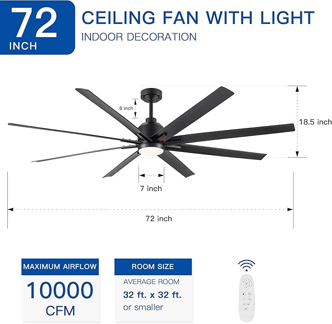 NicBex Ceiling Fan 72 Inch Ceiling Fan with Lights Ceiling Fans with Remote Control and 8 Blades Ceiling Fan with 6 Gear Wind Speed for Bedroom, Living Room, Pure Black