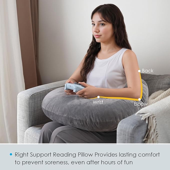 QUEEN ROSE Reading Pillow, Gaming Pillow for Lap, Sitting in Bed or Sofa, Extra Arm Rest for Reading, Playing or Crocheting, Soft Velvet Grey