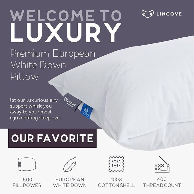 Lincove 100% European Down Venus Pillow – German Down 600 Fill Power, 400 Thread Count Shell, Made in Canada, | Luxe Collection, King - Medium