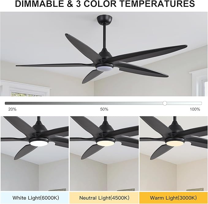 54 Inch Modern Ceiling Fan with Lights and Remote, 5 Wood Blades, 6-Speed Noiseless Reversible DC Motor with Replaceable Downrods for Bedroom Living Room Dining Room, Black