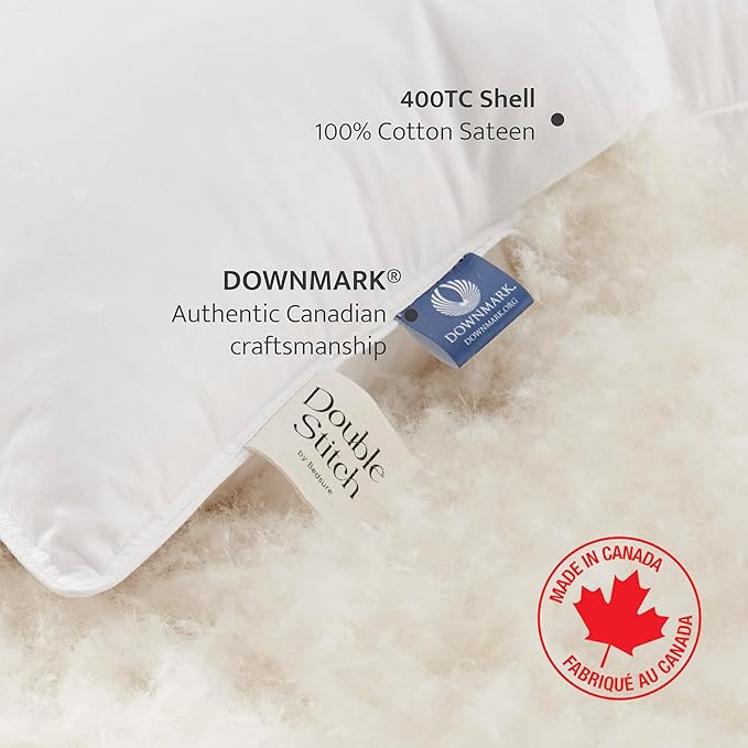 Double Stitch Luxury US White Down Pillow - Made in Canada, 400 Thread Count 100% Cotton Shell, Medium Firm 700 Fill Power Down Bed Pillow, Soft Sleeping Pillow 3-Chamber, Standard(20" x 26") ﻿