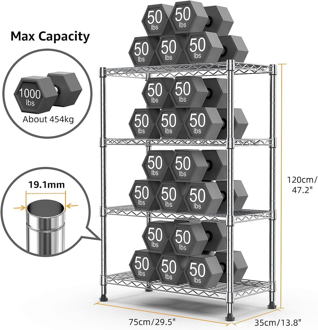 1000 lbs Storage Shelving Steel Heavy Duty 4-Tier Utility Shelving Unit Steel Organizer Wire Rack for Home,Kitchen,Office,Chrome (13.7" D x 29.5" W x 47.2" H)