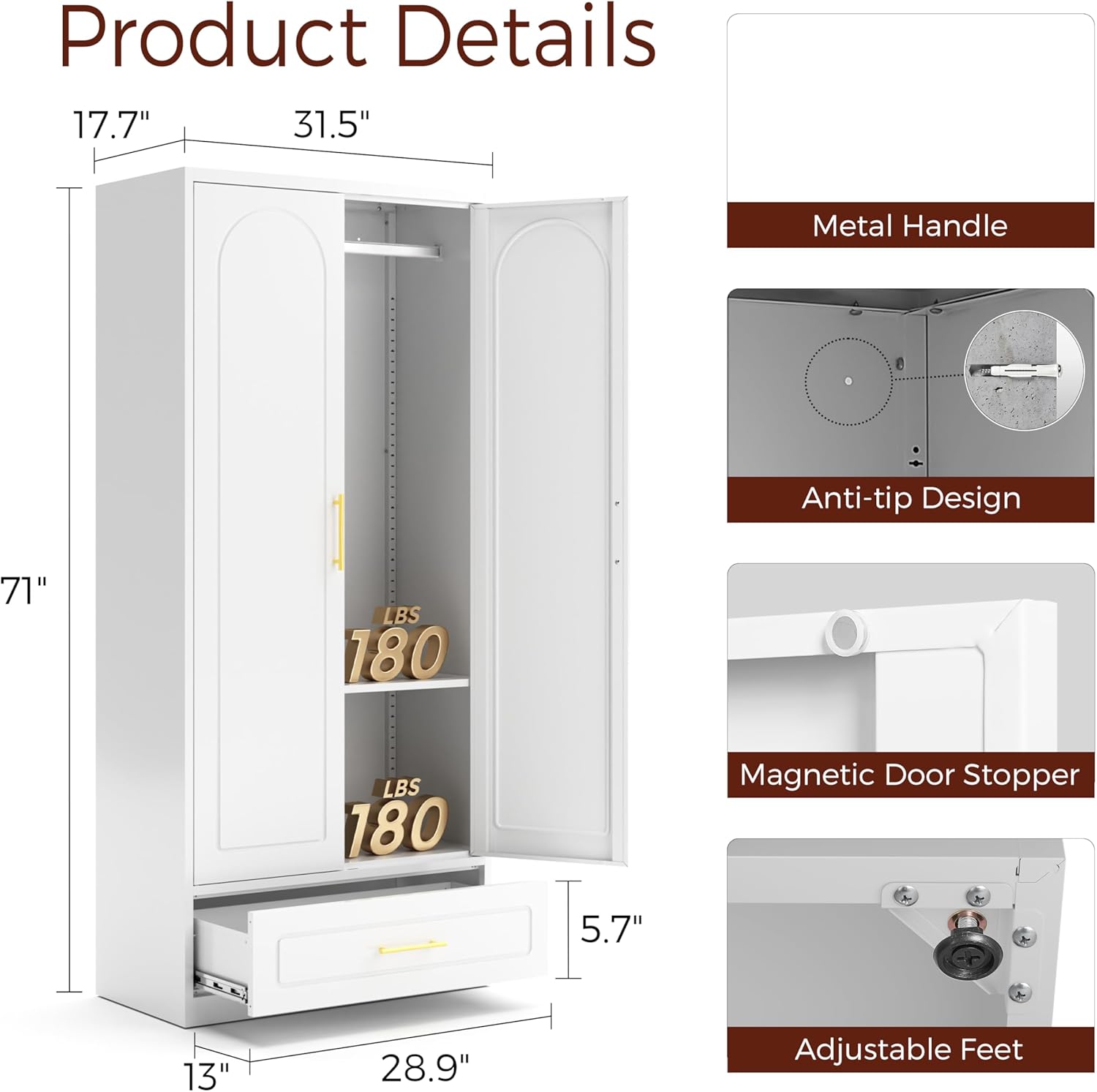 Metal Armoire Wardrobe Closet with 2 Doors, 71" Tall Wardrobe Cabinet with Hanging Rod, Drawers and Adjustable Shelves, White Clothing Storage Cabinets for Bedroom, Home Office