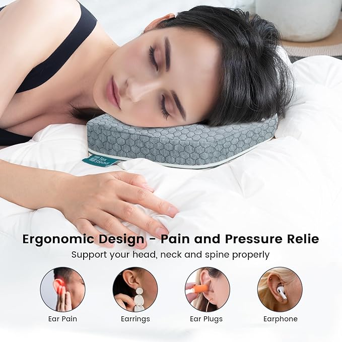 Ear Pillow with Ear Piercing for Side Sleeping, Ear Hole Memory Foam Pillows for CNH and Ear Pain Ear Inflammation Pressure Sores, Travel, Gray