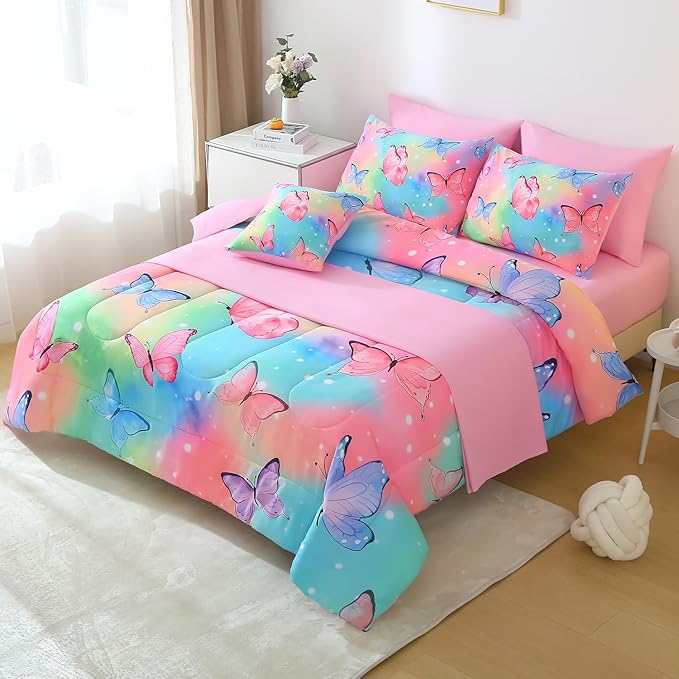 JQinHome 8 Pc Butterfly Comforter Set Full, 3D Rainbow Butterfly Bedding Set for Girls Women,All Season Microfiber Butterfly Design Bedding Collection with Pillowcase, Flat & Fitted Sheet(Rainbow)