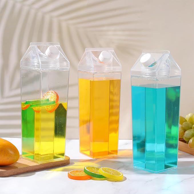 4 Pack Milk Carton Water Bottles 34oz/1000ml Leak Proof Plastic Water Bottle Reusable BPA Free Sports Water Bottle Carton Shaped Juice Milk Bottle for Gym Camping Hiking Travel Sports, Dishwasher Safe