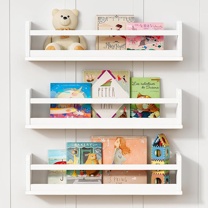 24 Inch Wide Bookshelf for Kids Room Wall Decor, Floating Nursery Book Shelves for Baby Children Teens Bedroom, Corner Hanging Bookshelves Wall Mounted for Classroom Library (White)