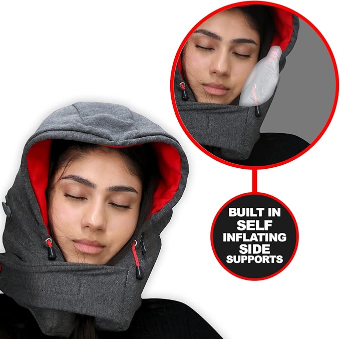 Roamwild Travel Pillow with Unique Self Inflating Built in Side Supports | Washable | (Red & Gray)