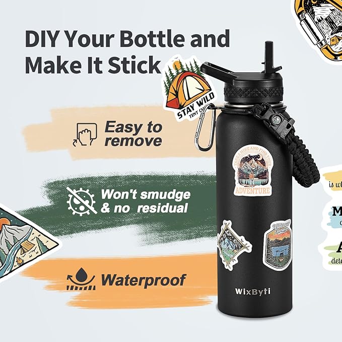 40 oz Insulated Water Bottle with Straw (Cold for 48 Hrs), Stainless Steel Triple Wall Vacuum Sports Water Jug, Leakproof Hydro Cup Flask with Paracord Handle & Straw Spout Lids & DIY Stickers