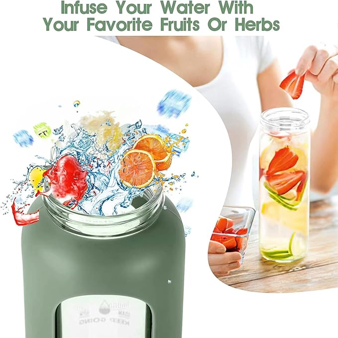 32 oz Glass Water Bottles with Straw - Motivational Glass Water Bottle with Time Marker & Silicone Sleeve(navy bule)