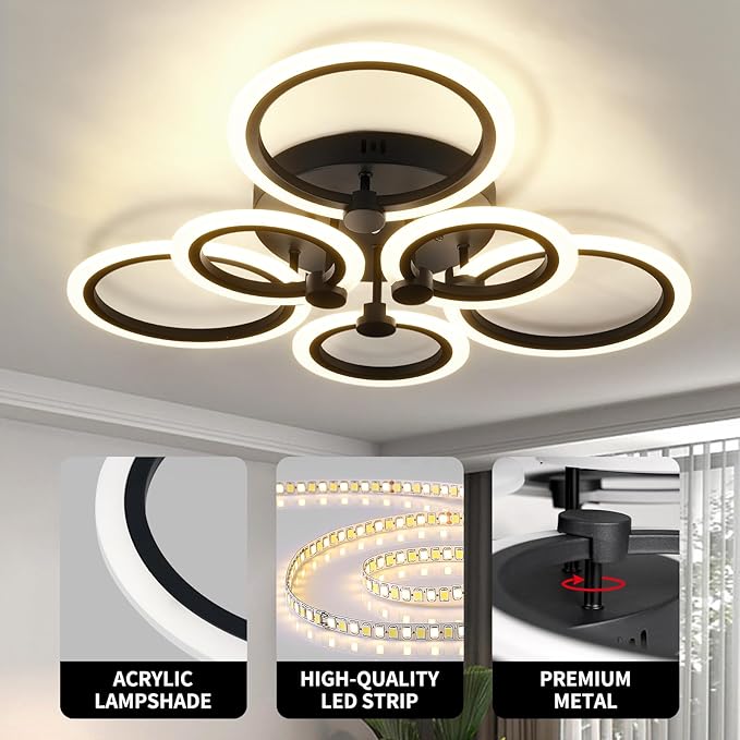 Modern LED Ceiling Light,Dimmable 6 Rings Flush Mount Ceiling Light Fixtures,3000K-6500K 81W Ring Ceiling Lamp with Remote for Bedroom,Dining Room,Living Room,Black