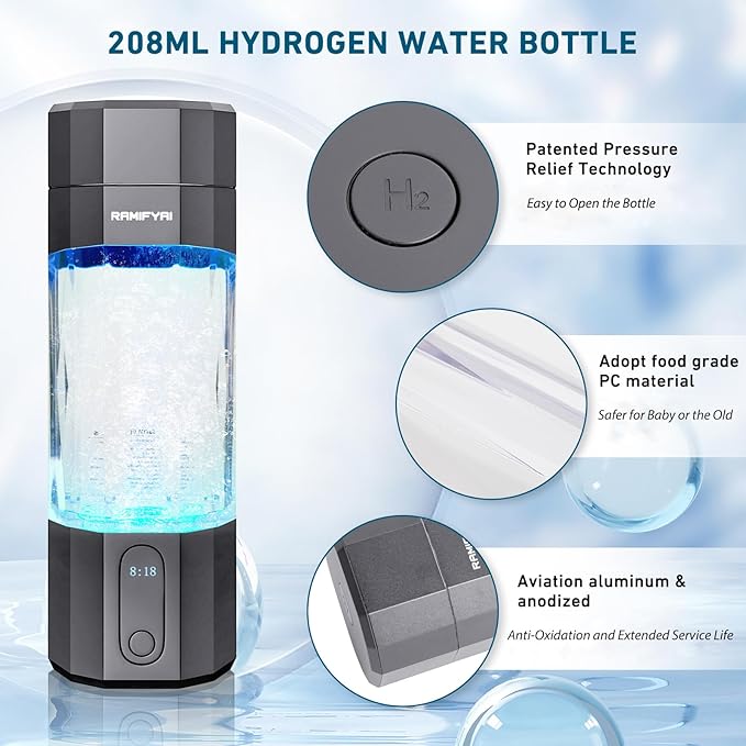 2024 New Upgrade 10000PPB Hydrogen Water Bottle Seven Colorful Light Double Anti-Slip and Leak-Proof Hydrogen Water Generator with Pressure Relief Valve-Gray