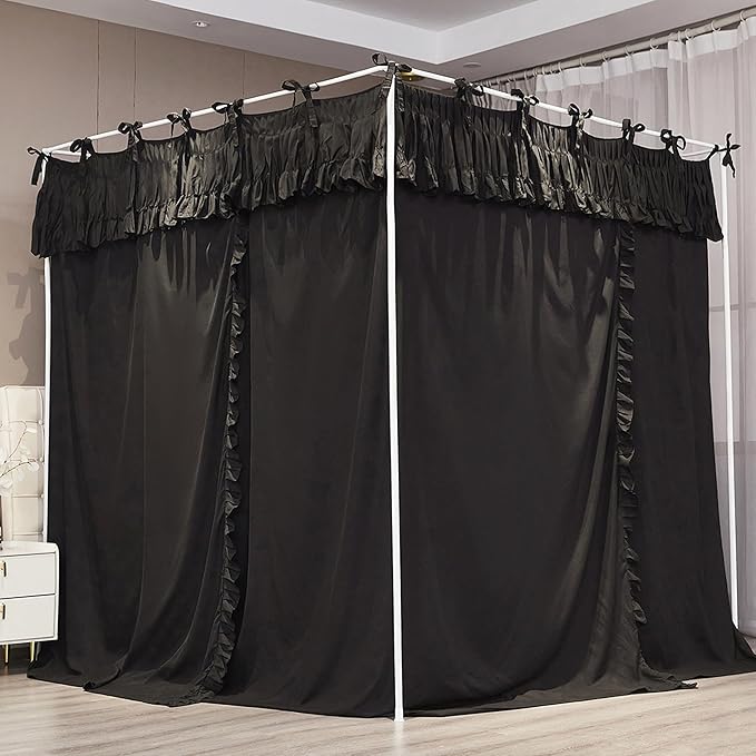 Ruffle Lace up 4 Corners Post Princess Curtain Bed Canopy Cozy Breathable Mosquito Net Cloth for Girls Adults Bedroom Decoration (Black, 64" W*82" L*82" H/Queen)