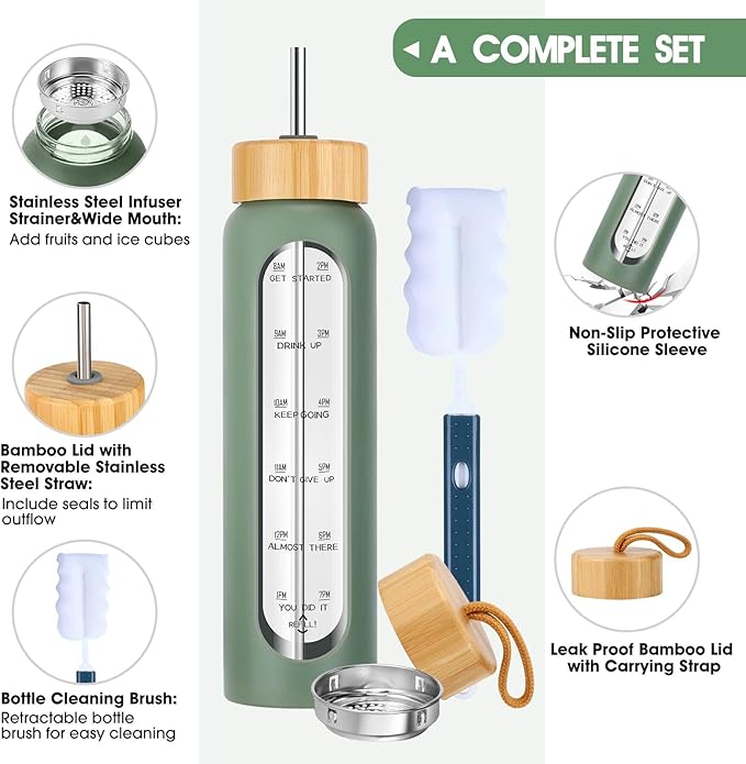 32 oz Glass Water Bottles with Straw - Motivational Bottle with Time Marker & Silicone Sleeve - Reusable Tumbler Includes 2 Bamboo Lids & Fruit Infuser - 1 Pack