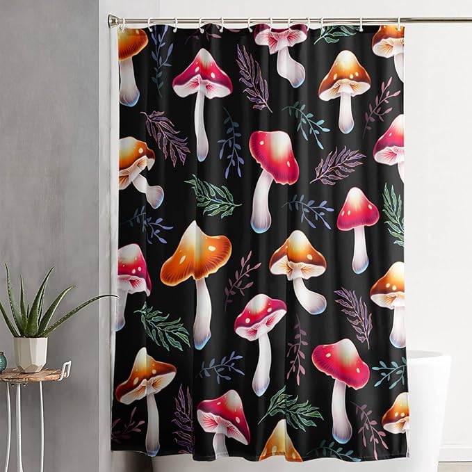 AILONEN Cartoon Mushroom Shower Curtain,Cute Red Mushroom Waterproof Fabric Bath Curtain for Kids Girls Boys,Natural Fungal Plants Shower Curtain Set for Bathroom 48" W*72" H