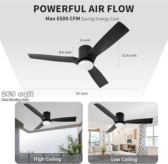 Black Flush Mount Ceiling Fan 52 inch,with Remote,22W Dimmable LED Light,DC Motor,6 Speed,Reversible,Low Profile Ceiling Fan Outdoor Indoor with Memory Function for Bedroom/Patios/Kitchen