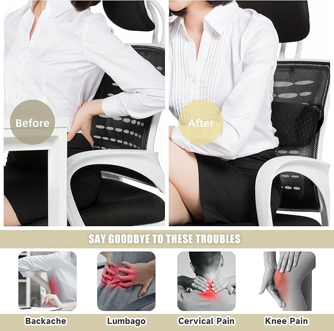 Lumbar Roll Pillow for Lower Back, Lumbar Support Foam Roll Cushion with Pillowcase and Upgraded Strap for Office, Chair, Car, Seat Pain Relief & Improving Posture (Black, Short-11 * 4.3'')