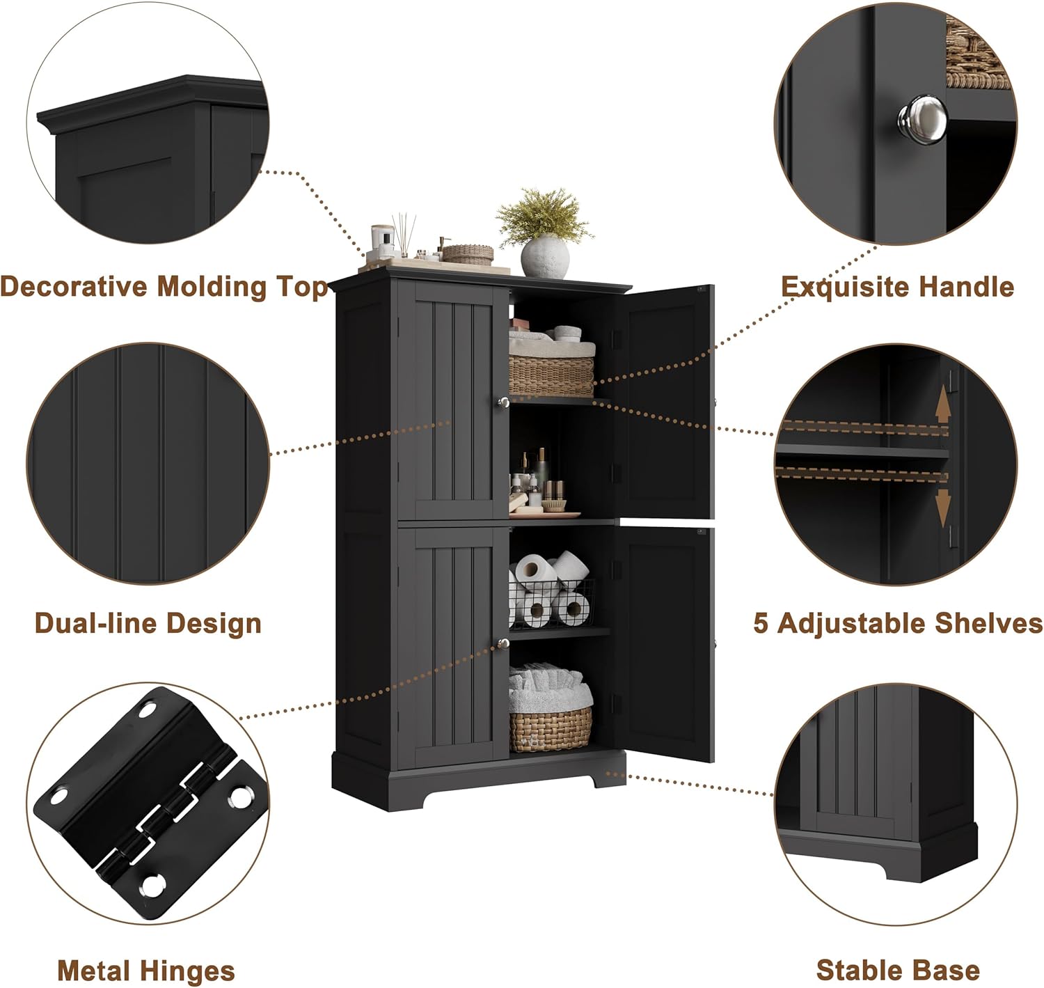 ChooChoo Bathroom Floor Cabinet, Modern Bathroom Storage Cabinet with 4 Doors and Adjustable Shelves, Freestanding Cupboard for Living Room, Black