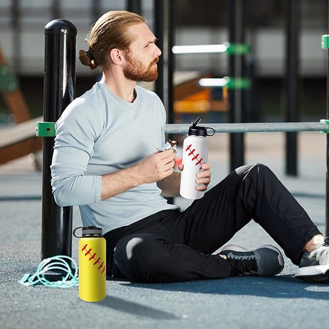 40oz Wide Mouth Softball Water Bottle with Two Lids(Straw, Handle Lid), 18/8 Stainless Steel Vacuum Insulated for Travel & Sport Cup. (Softball Yellow, 40oz)