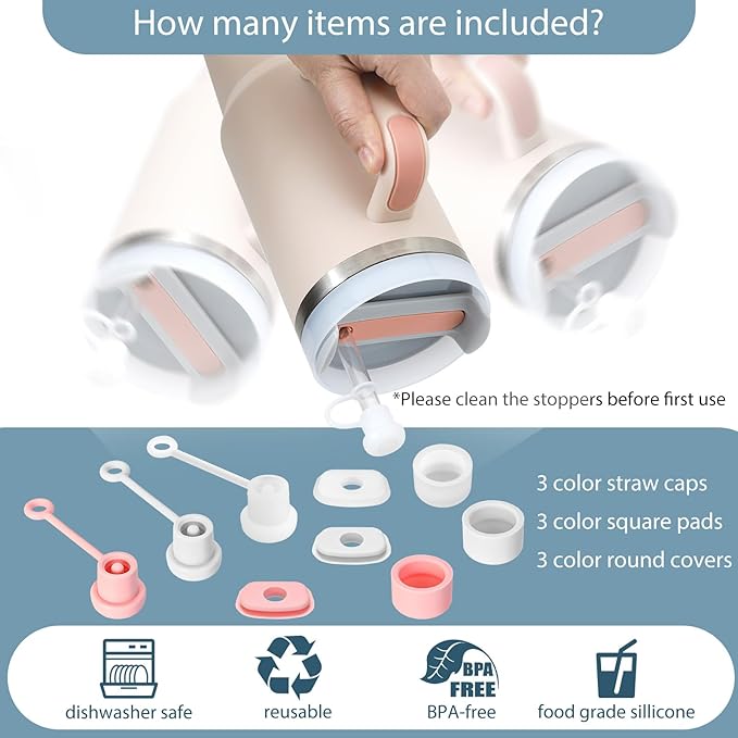 3 Set Spill Stoppers for Stanley 20oz/30oz/40oz/64oz, Leak Proof Accessories for Stanley Tumbler with Straw Cap and Square Pad and Round Cover (Mixed, 3)