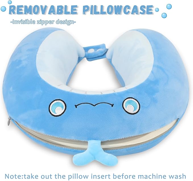 Travel Pillow, Kids Travel Pillow with Sleep Eye Mask Soft Memory Foam Kids Neck Pillow for Boys & Girls, Travel Accessories for Car Airplane Traveling - Whale