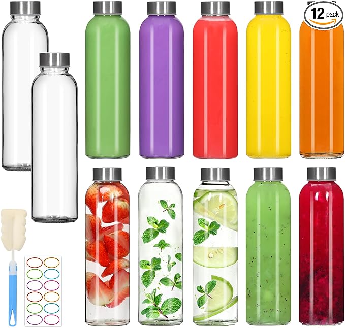 12 Pack 18oz Clear Glass Water Bottles, Juice Bottle with Stainless Steel Lid, Reusable Refillable Bottles for Storing Beverages Juice