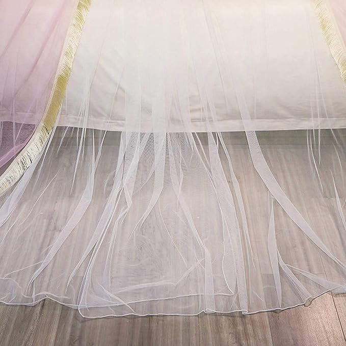 Canopy Frame for Bed with Mesh Netting - Queen Size Bed Canopy Steel Frame with Bed Curtains,Classic Flat Top Mesh Net Bedroom Decor(Stainless Steel Pipes and Accessories Included) (Pink Blue)