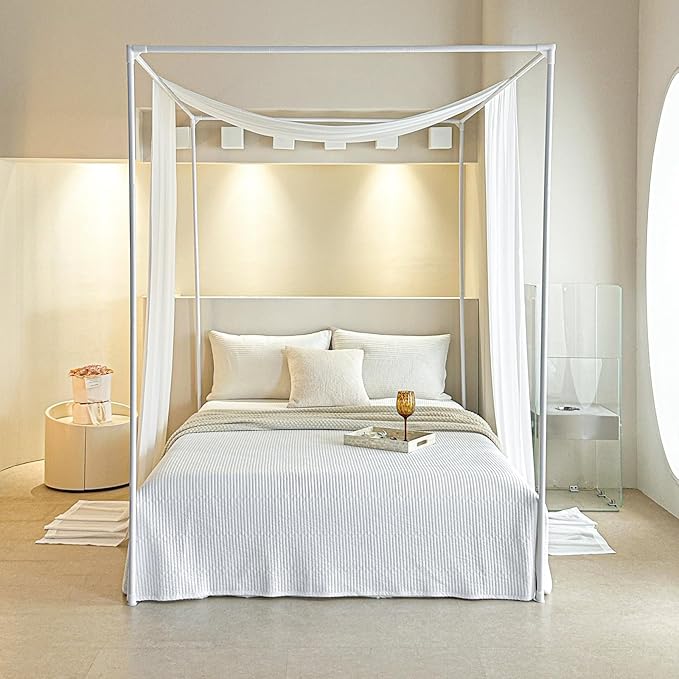 AIKASY White Bed Canopy Scarf for King - Luxury Sheer Canopy Bed Curtains with Light - Suitable for Four-Poster Bed, Metal Bed Frame, Wood Bed Frame -1pic