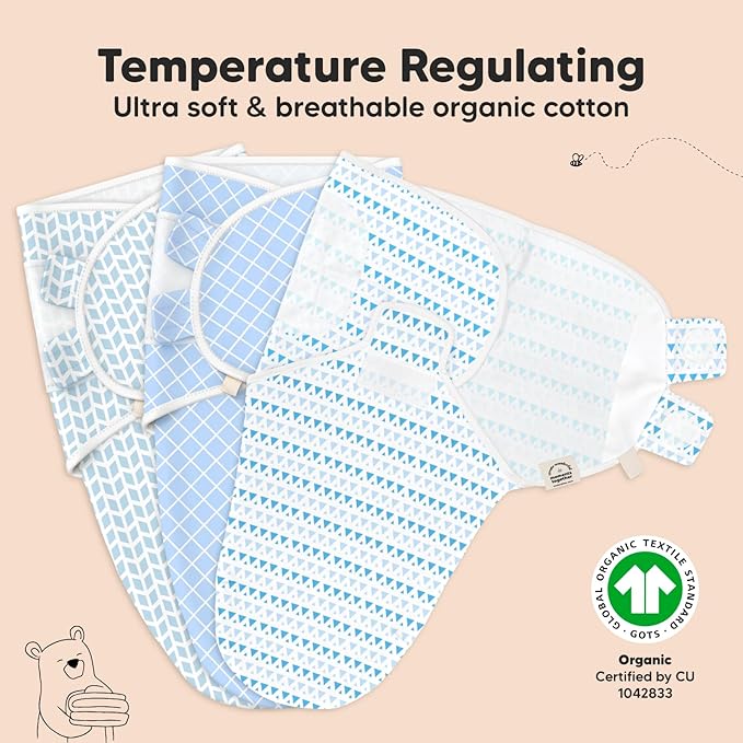 3-Pack Organic Baby Swaddle Sleep Sacks - Newborn Swaddle Sack, Ergonomic Baby Swaddles 0-3 Months, Swaddles for Newborns, Baby Sleep Sack, Baby Swaddle Blanket Wrap, Baby Essentials (Storm)