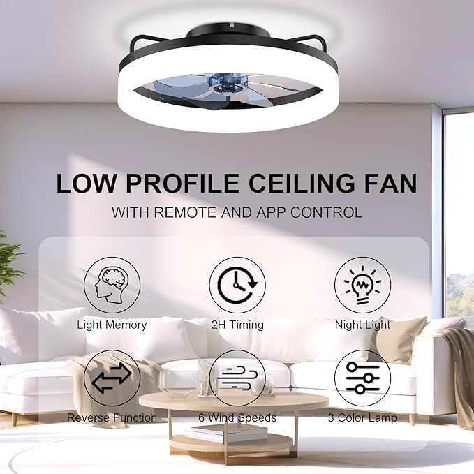 Modern Bladeless Ceiling Fan with Lights and Remote AC – Ultra-Quiet 6-Speed Fan, Dimmable LED, Reversible Airflow for Year-Round Comfort, App & Remote Control for Bedroom, Kids Room and Living Room.