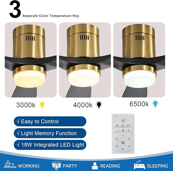 Sofucor Low Profile Ceiling Fan, Flush Mount Ceiling Fan with Lights and Remote Control, 52'' Wood Ceiling Fan with 3 Color Temperature & Adjustable Brightness, Black Wood