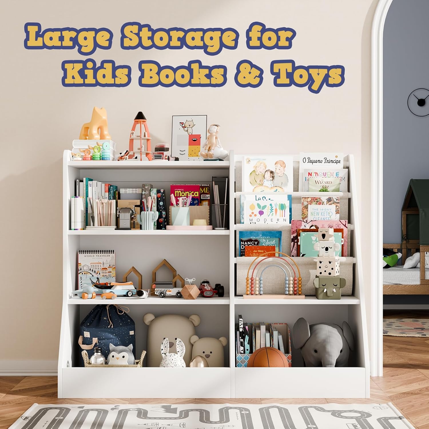 39" Large Kids Wooden Bookshelf and Toy Storage Organizer, Baby Bookcase with Sling Book Rack, Children Toddler Wooden Book Shelf for Kids Rooms, Playroom, Classroom, Nursery, School (White)