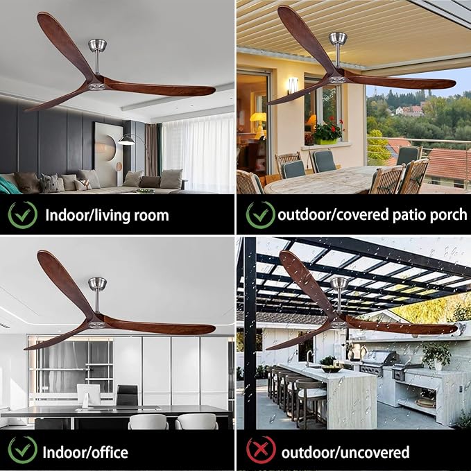 Bigzone 88" Indoor ceiling fan with Remote Control, DC Motor Quiet Energy Saving,3 Brown Balsa Wood Blades,Outdoor/Indoor Ceiling Fan, Metal Brushed Nickel