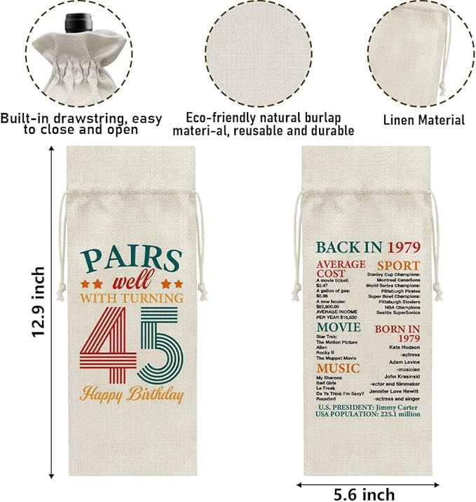 45th Birthday Gifts Wine Bag Congratulations Gifts for Women Men Parents Mom Dad Anniversary Favors 1979 with Time Information Wine Gift Bag
