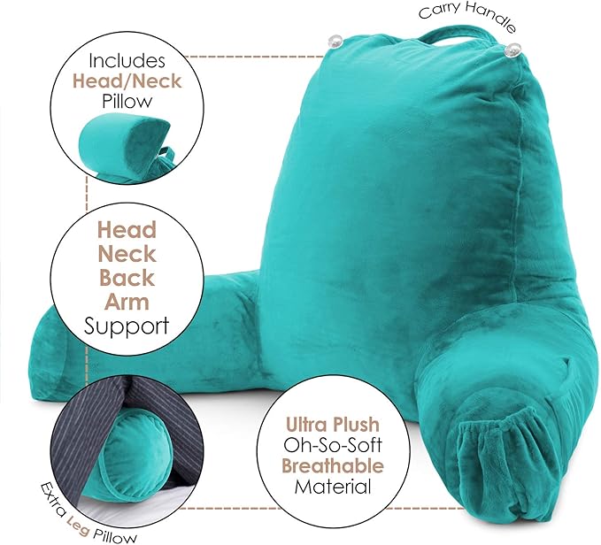 Nestl Reading Pillow Large Bed Pillow, Back Pillow for Sitting in Bed Shredded Memory Foam Chair Pillow, Reading & Bed Rest Pillows Teal Back Pillow for Bed, Bed Chair Arm Pillow with Pockets