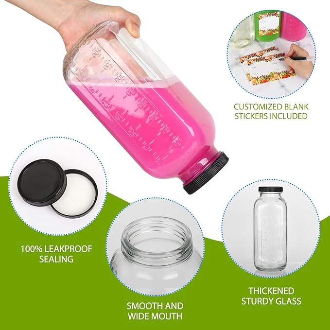 32oz Glass Juice Bottles with Lids 2Pack,Reusable Square Glass Milk Bottle with Lid,Clear Empty Glass for Beverages, Jams, Kombucha, Milkshakes,Oils(32fl.oz,Set of 2)