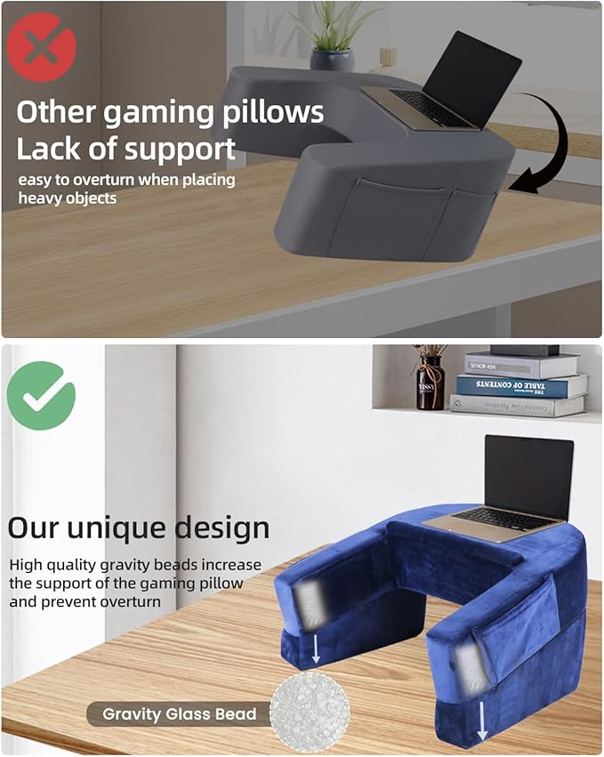 Weighted Idea Reading Pillow for Gaming, Extra Large Arm Rest Pillow for Adult，Lap Desk Pillow Gaming Pillow with 2 Side Pockets for Gaming, Reading, Working Sitting in Bed Floor Sofa (Blue)