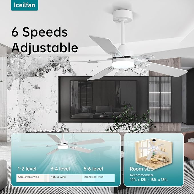 Iceifan White 52 Inch Ceiling Fans with Lights and Remote Control,Reversible Ceiling Fans with Dimmable LED Lights and Remote DC Motor 6 Speeds Indoor/Outdoor Ceiling Fan for Bedroom Patios Porch